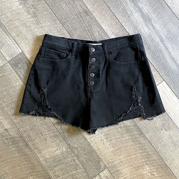 NWOT! SO, Black Distressed Denim, Button-Up, High-Rise, Mom Shorts. Size 11/30W. - Picture 1 of 5